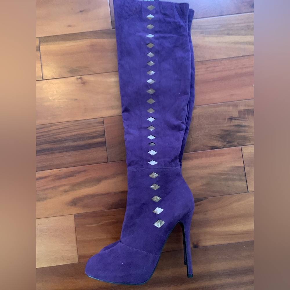 Jahmesia Knee High Boots Studded Stiletto High Heels Platform Purple Size 9